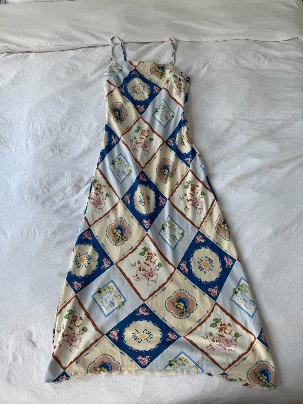 Abercrombie & Fitch Cream and Blue Scarf-Print Maxi Slip Dress